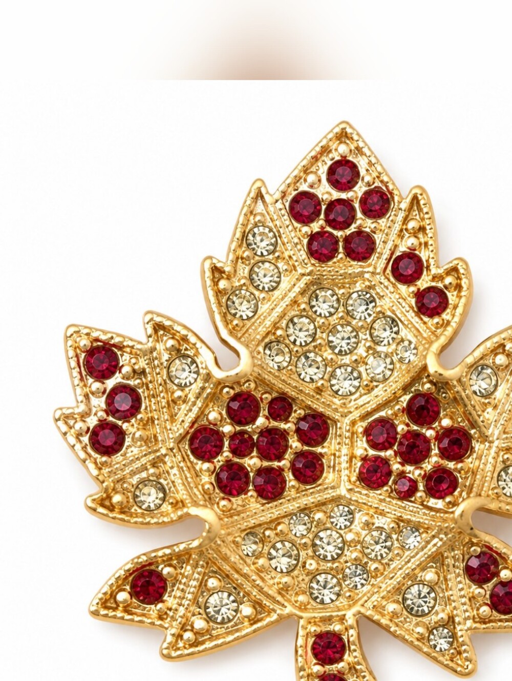 Canada Maple Leaf Rhinestone Brooch Pin Gold Tone Red & Clear Crystal Patriotic